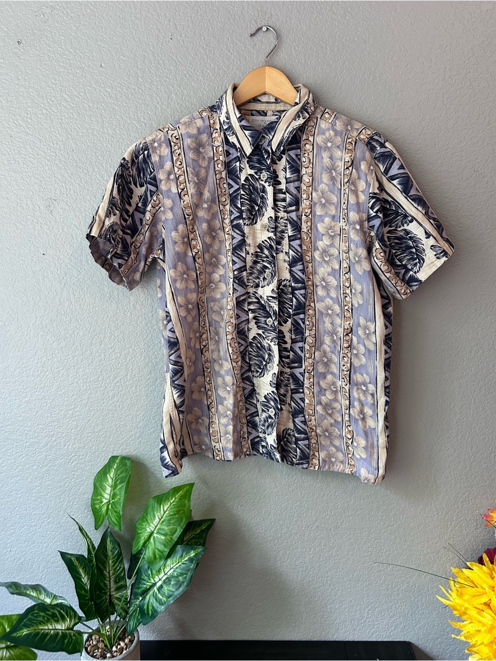 Christopher & Banks Beige and Navy Tropical Print Button-Up Shirt